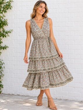 Max Studio Floral Tiered V-Neck Dress Size L NWT